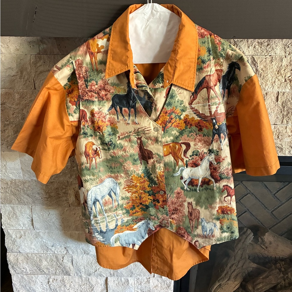 Vintage Horse Print Shirt with Orange Accents